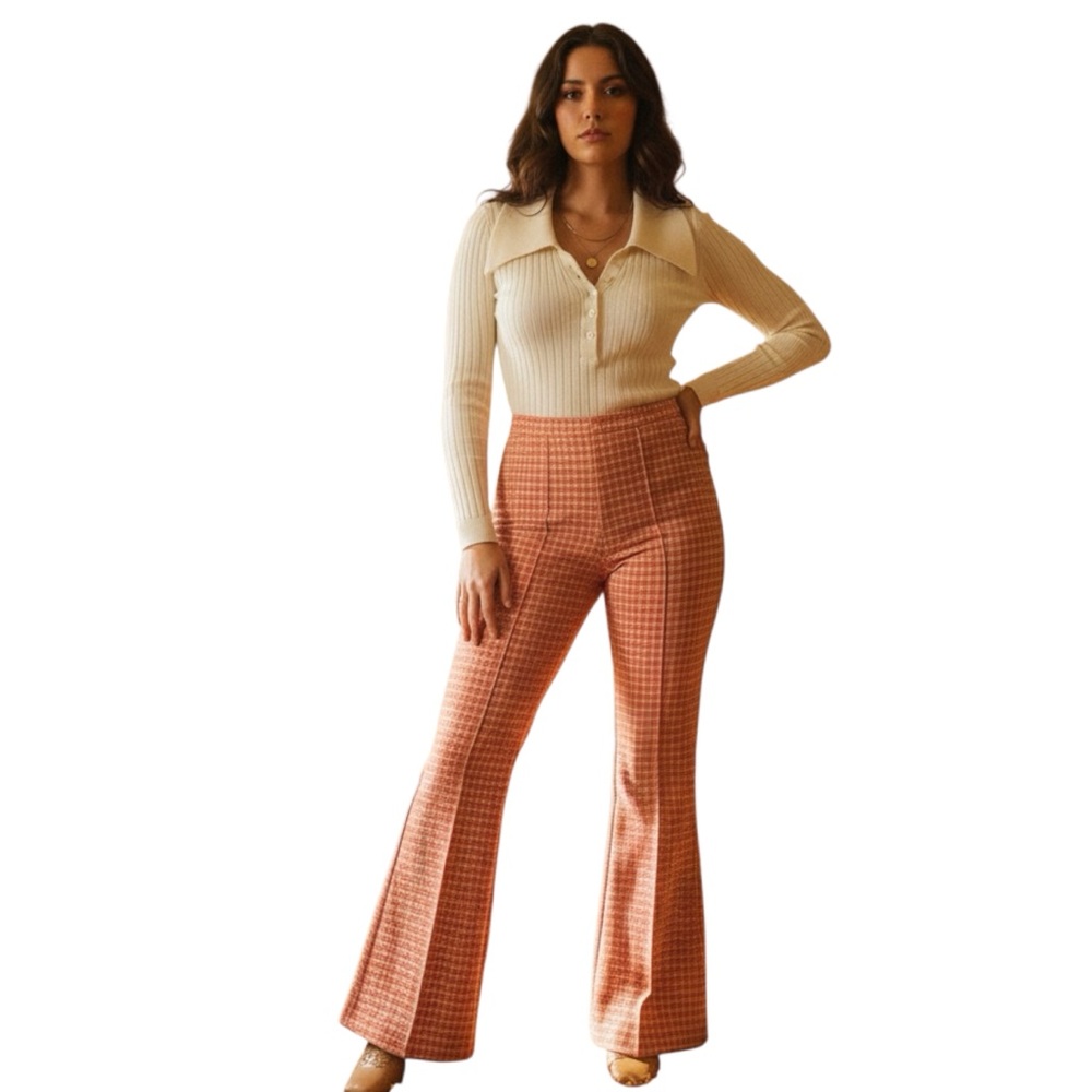Vintage 70s Orange Gingham Wide Leg Pants Pull‎ On Flare FLAWS Stretchy Textured